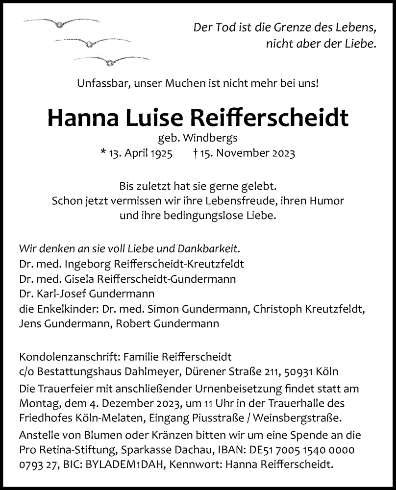  Traueranzeige für Hanna Luise Reifferscheidt vom 25.11.2023 aus Kölner Stadt-Anzeiger / Kölnische Rundschau / Express