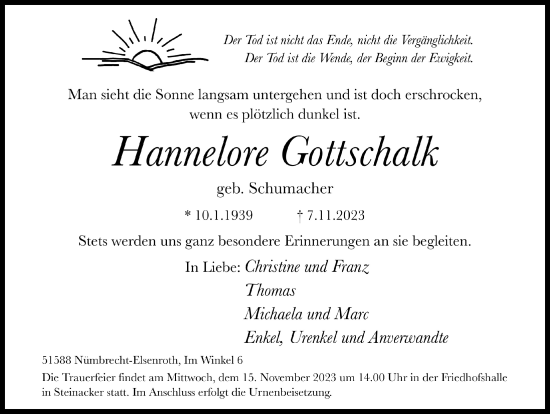 Anzeige von Hannelore Gottschalk von  Lokalanzeiger 