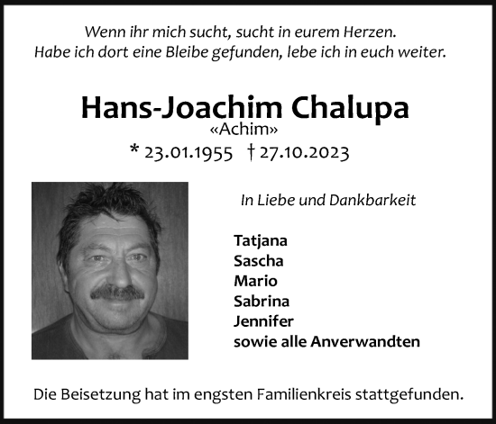 Anzeige von Hans-Joachim Chalupa von Kölner Stadt-Anzeiger / Kölnische Rundschau / Express