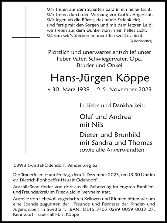 Anzeige von Hans-Jürgen Köppe von Kölner Stadt-Anzeiger / Kölnische Rundschau / Express
