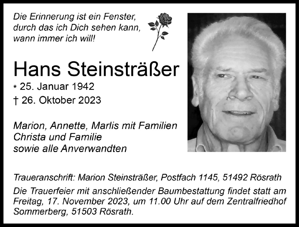  Traueranzeige für Hans Steinsträßer vom 10.11.2023 aus  Bergisches Handelsblatt 