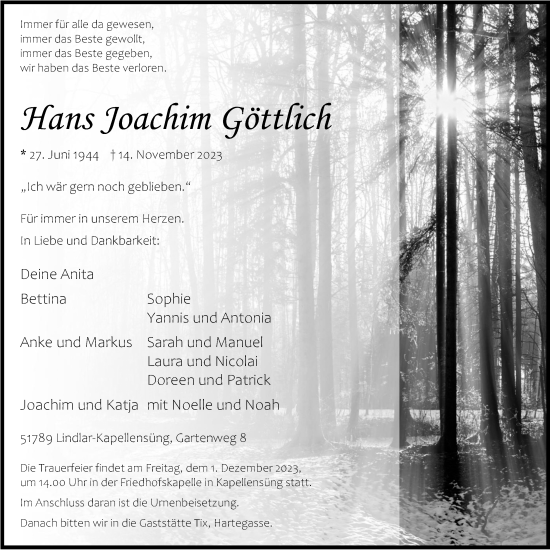 Anzeige von Hans Joachim Göttlich von Kölner Stadt-Anzeiger / Kölnische Rundschau / Express