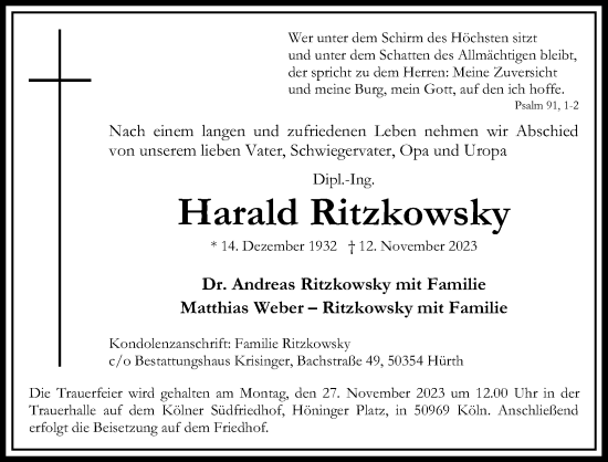 Anzeige von Harald Ritzkowsky von Kölner Stadt-Anzeiger / Kölnische Rundschau / Express