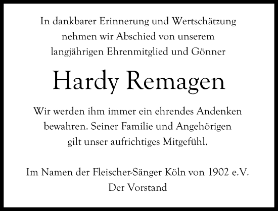 Anzeige von Hardy Remagen von Kölner Stadt-Anzeiger / Kölnische Rundschau / Express