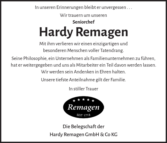 Anzeige von Hardy Remagen von  Wochenende 