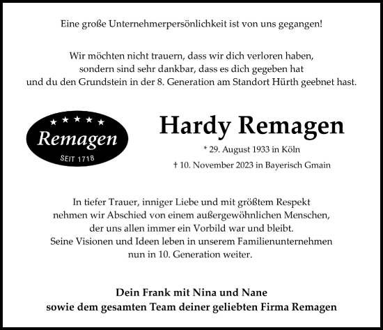 Anzeige von Hardy Remagen von  Wochenende 