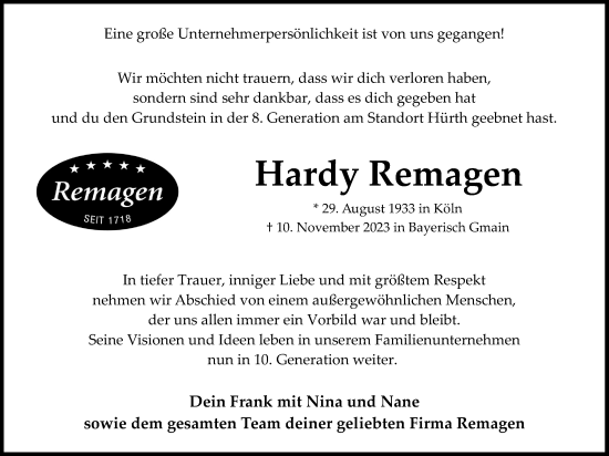 Anzeige von Hardy Remagen von Kölner Stadt-Anzeiger / Kölnische Rundschau / Express