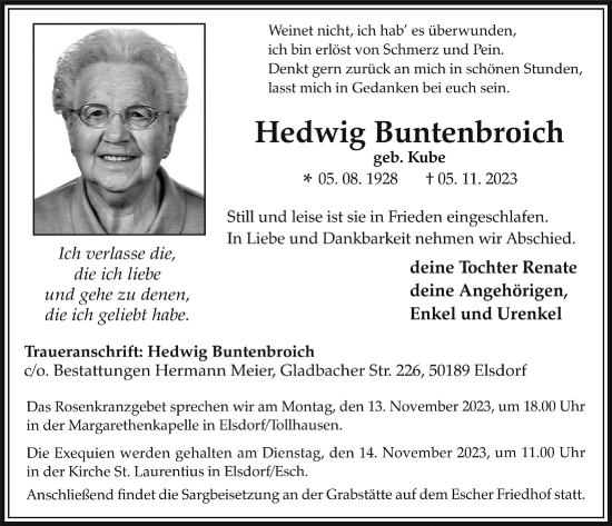 Anzeige von Hedwig Buntenbroich von  Werbepost 