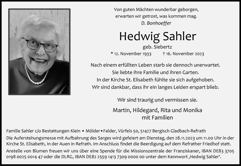  Traueranzeige für Hedwig Sahler vom 25.11.2023 aus Kölner Stadt-Anzeiger / Kölnische Rundschau / Express
