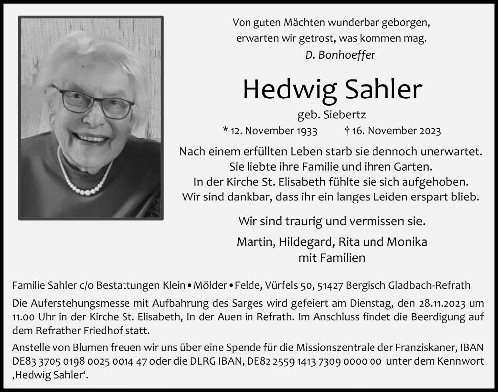  Traueranzeige für Hedwig Sahler vom 24.11.2023 aus  Bergisches Handelsblatt 