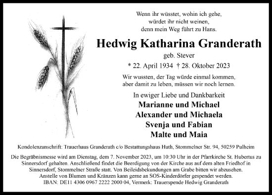 Anzeige von Hedwig Katharina Granderath von  Wochenende 
