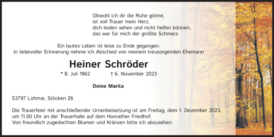 Anzeige von Heiner Schröder von Kölner Stadt-Anzeiger / Kölnische Rundschau / Express