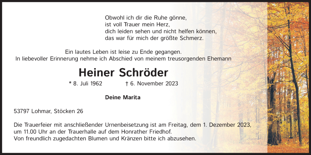  Traueranzeige für Heiner Schröder vom 18.11.2023 aus Kölner Stadt-Anzeiger / Kölnische Rundschau / Express