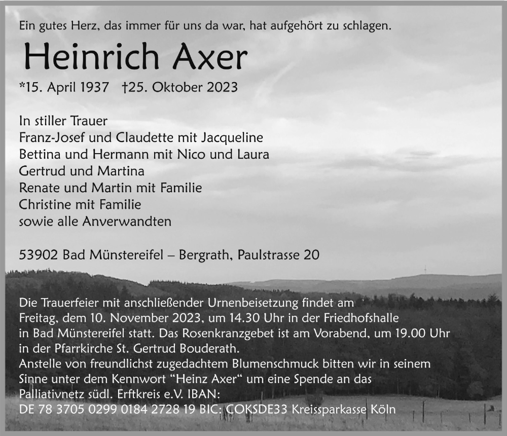  Traueranzeige für Heinrich Axer vom 04.11.2023 aus  Blickpunkt Euskirchen 