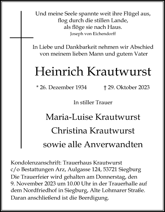 Anzeige von Heinrich Krautwurst von Kölner Stadt-Anzeiger / Kölnische Rundschau / Express