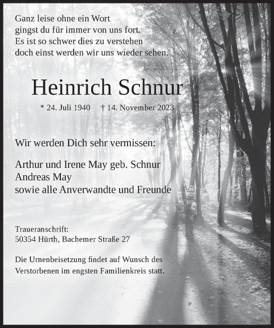 Anzeige von Heinrich Schnur von  Wochenende 