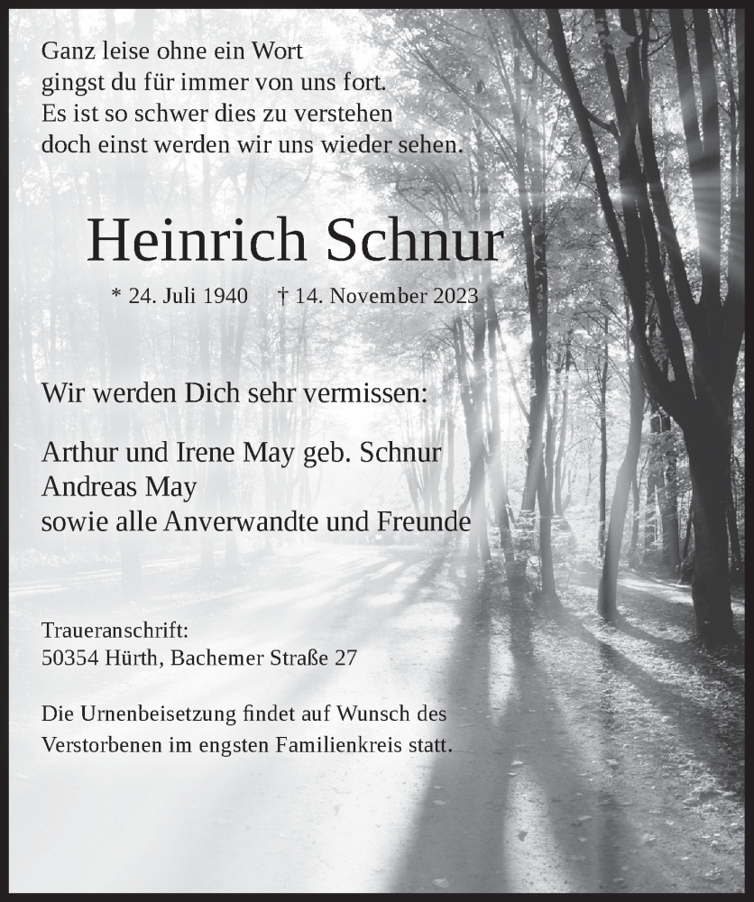  Traueranzeige für Heinrich Schnur vom 24.11.2023 aus  Wochenende 