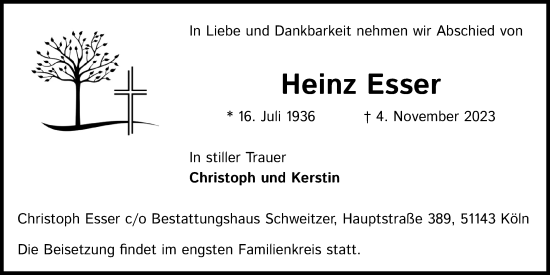 Anzeige von Heinz Esser von Kölner Stadt-Anzeiger / Kölnische Rundschau / Express