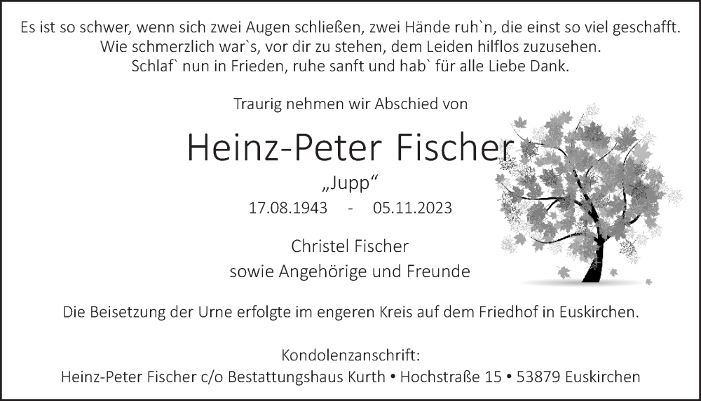  Traueranzeige für Heinz-Peter Fischer vom 25.11.2023 aus  Blickpunkt Euskirchen 
