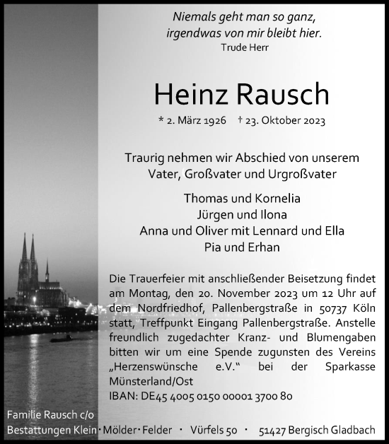 Anzeige von Heinz Rausch von Kölner Stadt-Anzeiger / Kölnische Rundschau / Express