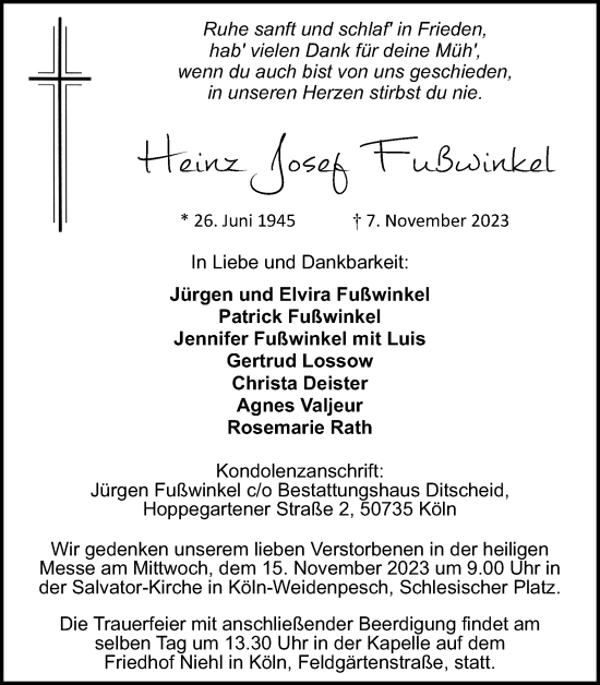 Anzeige von Heinz Josef Fußwinkel von Kölner Stadt-Anzeiger / Kölnische Rundschau / Express