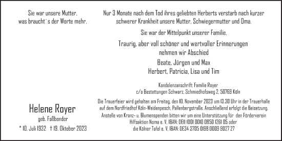 Anzeige von Helene Royer von Kölner Stadt-Anzeiger / Kölnische Rundschau / Express