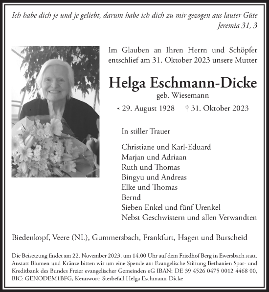 Anzeige von Helga Eschmann-Dicke von  Anzeigen Echo 