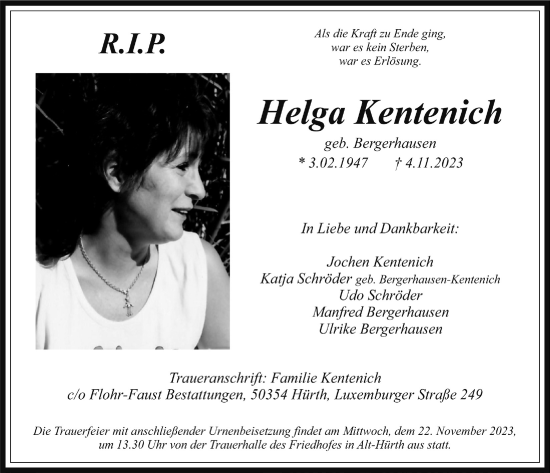Anzeige von Helga Kentenich von  Wochenende 