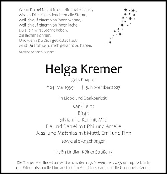 Anzeige von Helga Kremer von  Anzeigen Echo 