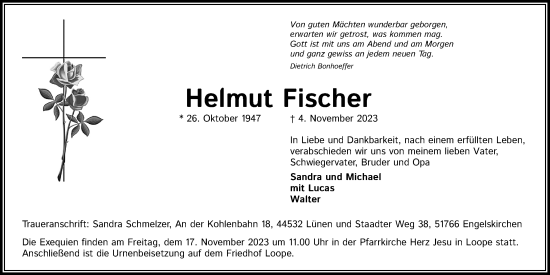 Anzeige von Helmut Fischer von Kölner Stadt-Anzeiger / Kölnische Rundschau / Express