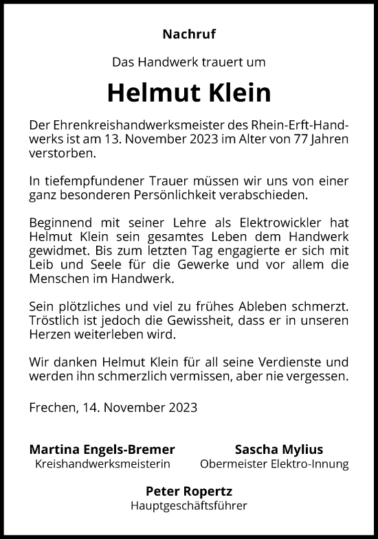 Anzeige von Helmut Klein von Kölner Stadt-Anzeiger / Kölnische Rundschau / Express