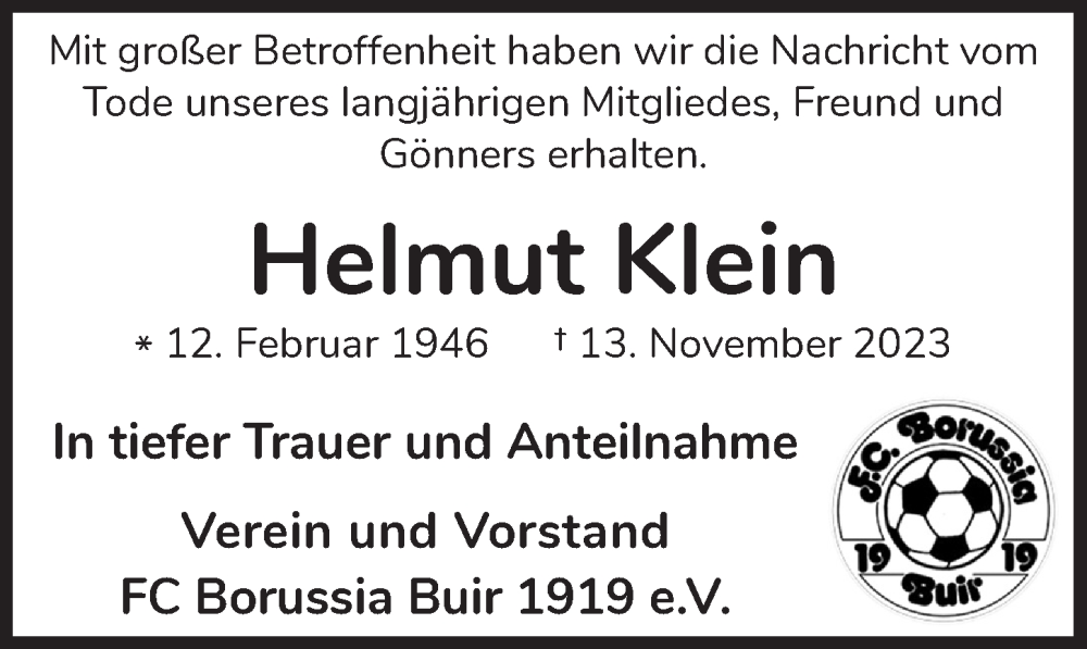  Traueranzeige für Helmut Klein vom 24.11.2023 aus  Werbepost 