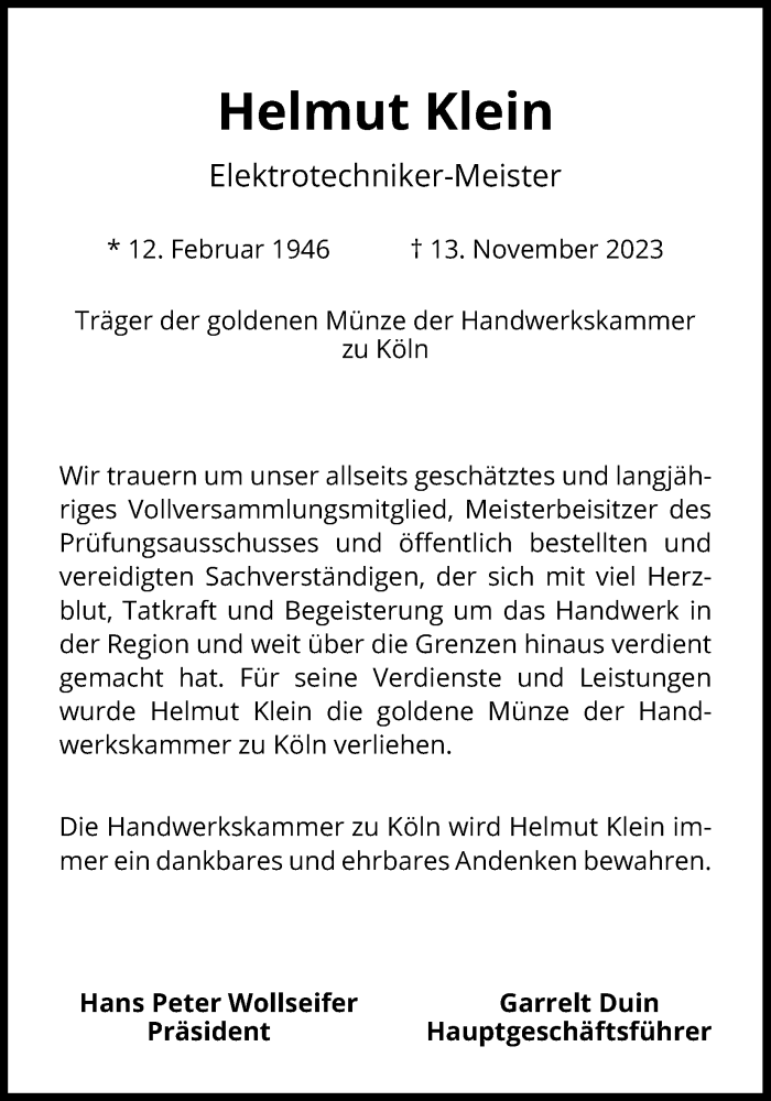  Traueranzeige für Helmut Klein vom 18.11.2023 aus Kölner Stadt-Anzeiger / Kölnische Rundschau / Express