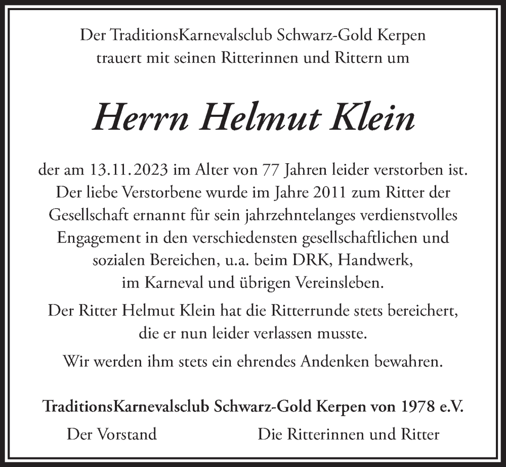  Traueranzeige für Helmut Klein vom 24.11.2023 aus  Werbepost 