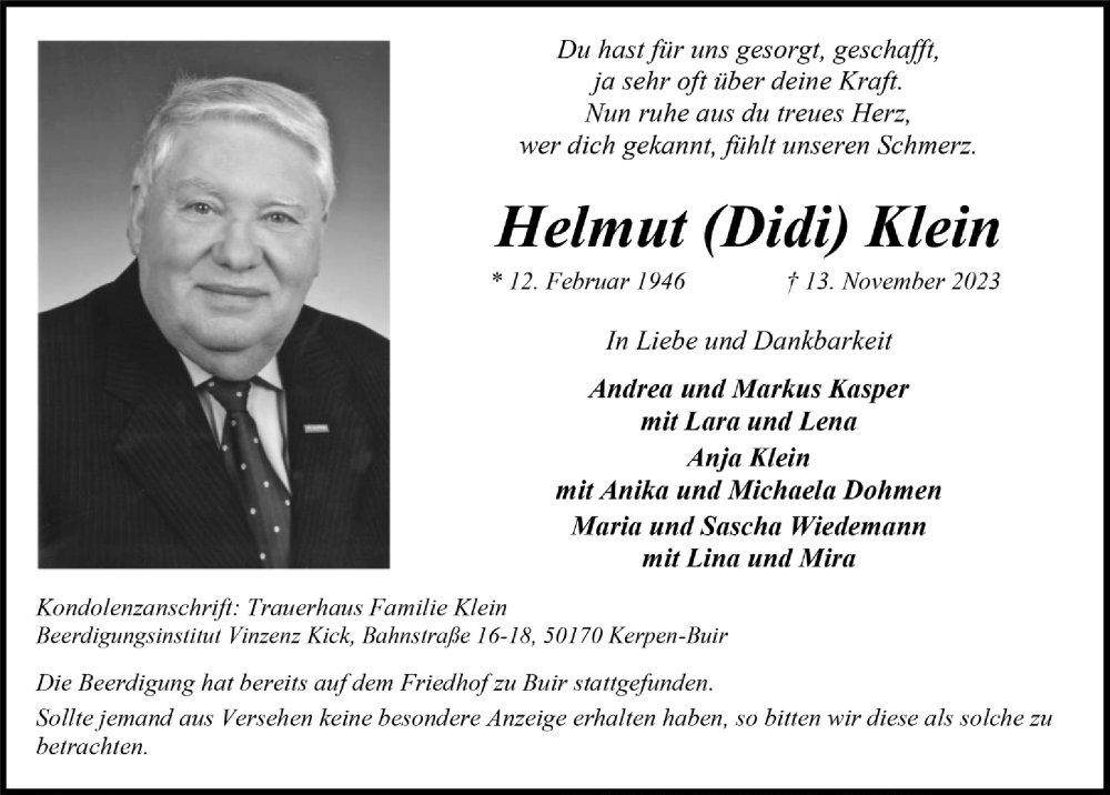  Traueranzeige für Helmut Klein vom 24.11.2023 aus  Werbepost 