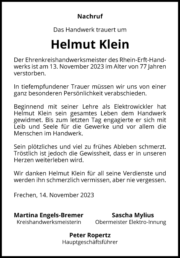  Traueranzeige für Helmut Klein vom 18.11.2023 aus Kölner Stadt-Anzeiger / Kölnische Rundschau / Express