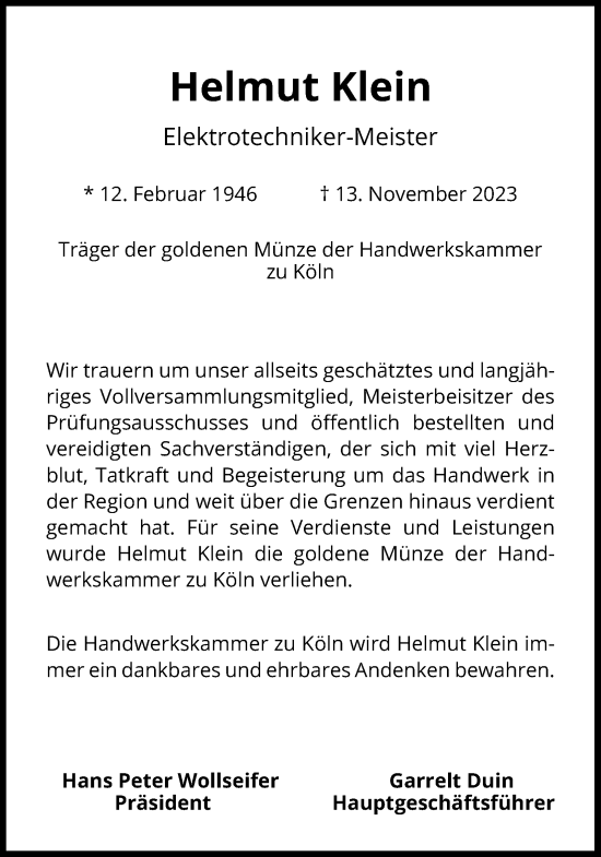 Anzeige von Helmut Klein von Kölner Stadt-Anzeiger / Kölnische Rundschau / Express