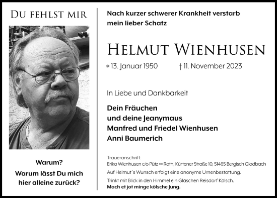 Anzeige von Helmut Wienhusen von  Bergisches Handelsblatt 