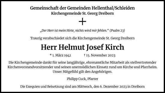 Anzeige von Helmut Josef Kirch von Kölner Stadt-Anzeiger / Kölnische Rundschau / Express