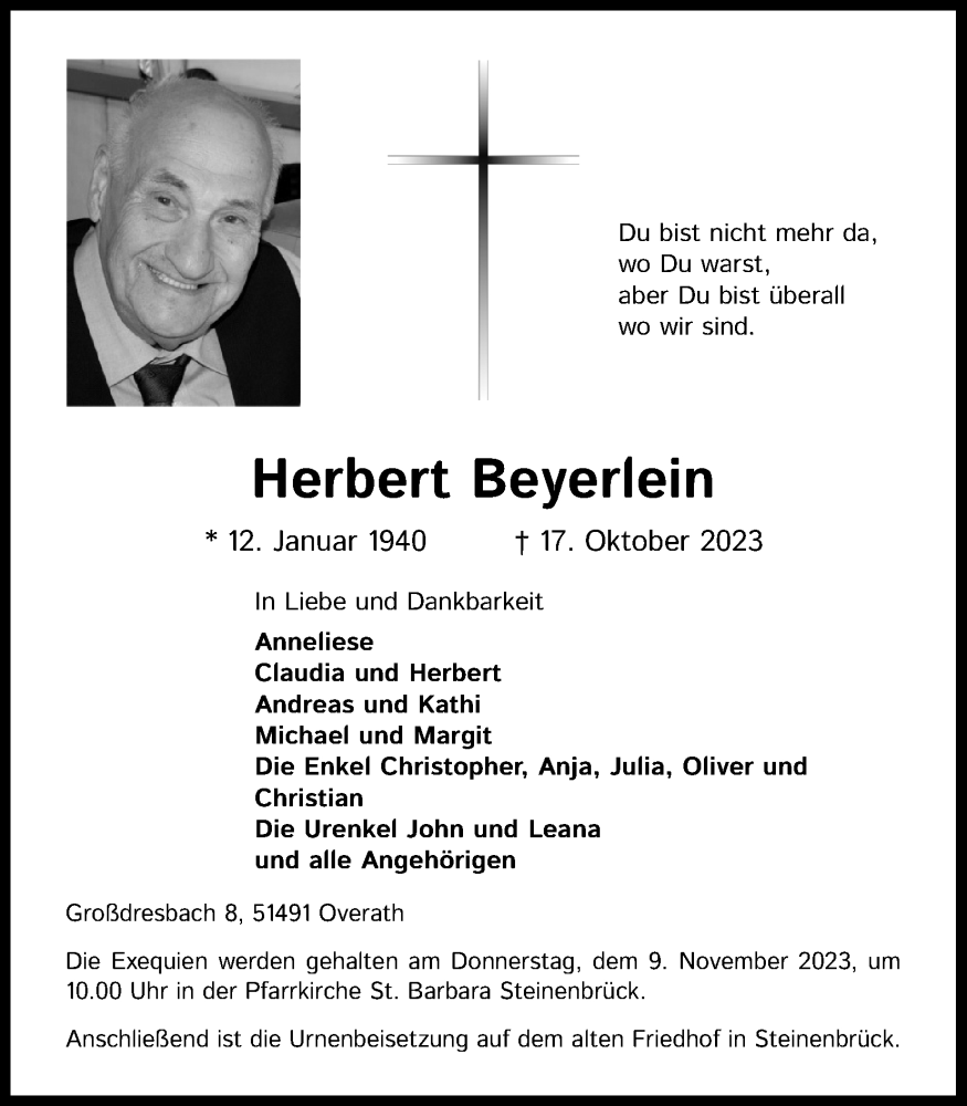  Traueranzeige für Herbert Beyerlein vom 04.11.2023 aus Kölner Stadt-Anzeiger / Kölnische Rundschau / Express
