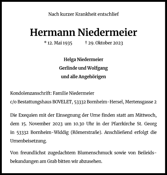 Anzeige von Hermann Niedermeier von Kölner Stadt-Anzeiger / Kölnische Rundschau / Express