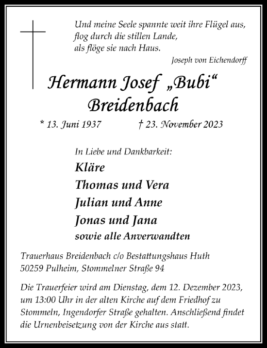 Anzeige von Hermann Josef Breidenbach von  Wochenende 