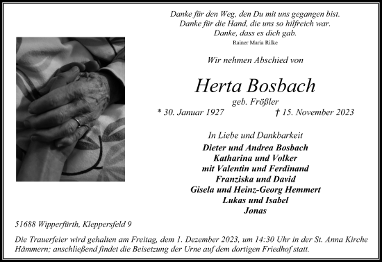 Anzeige von Herta Bosbach von Kölner Stadt-Anzeiger / Kölnische Rundschau / Express