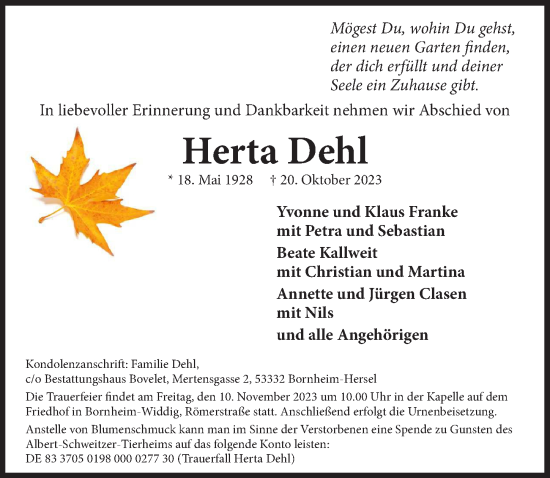 Anzeige von Herta Dehl von  Schlossbote/Werbekurier 