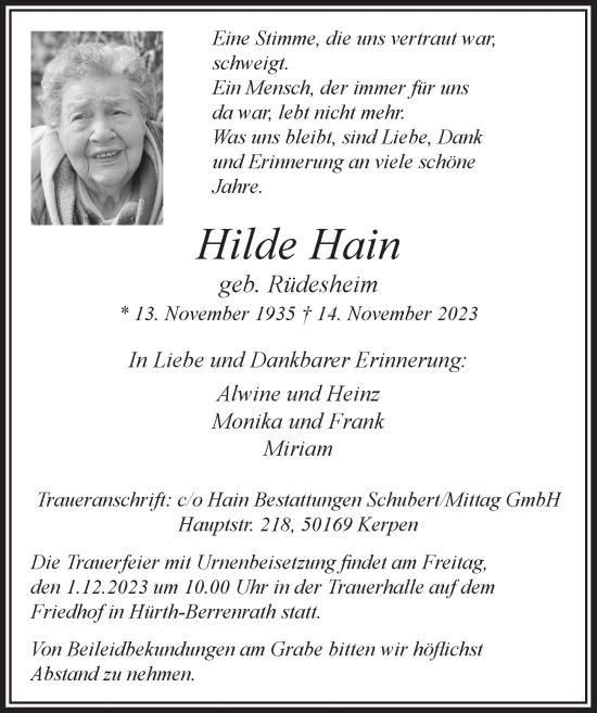 Anzeige von Hilde Hain von  Wochenende 