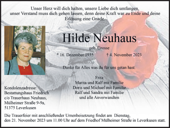 Anzeige von Hilde Neuhaus von Kölner Stadt-Anzeiger / Kölnische Rundschau / Express