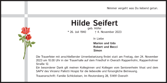 Anzeige von Hilde Seifert von Kölner Stadt-Anzeiger / Kölnische Rundschau / Express