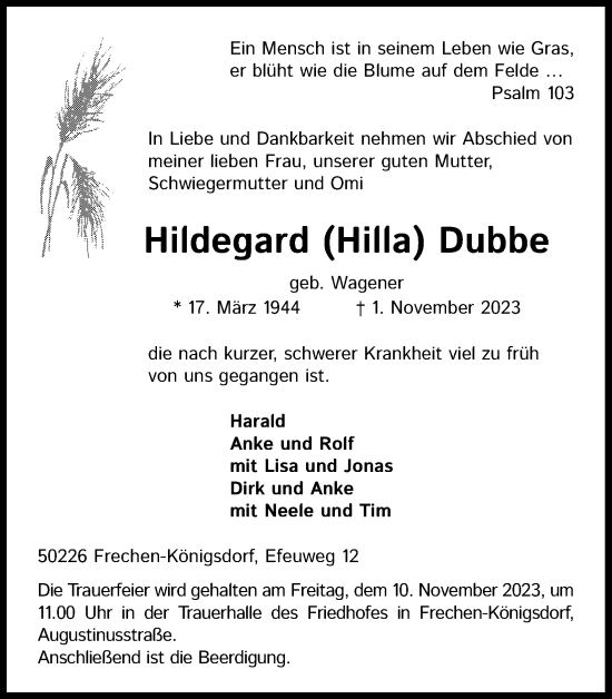 Anzeige von Hildegard Dubbe von Kölner Stadt-Anzeiger / Kölnische Rundschau / Express