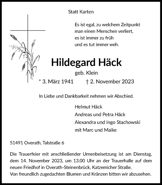 Anzeige von Hildegard Häck von Kölner Stadt-Anzeiger / Kölnische Rundschau / Express