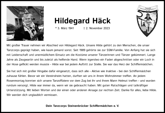 Anzeige von Hildegard Häck von Kölner Stadt-Anzeiger / Kölnische Rundschau / Express